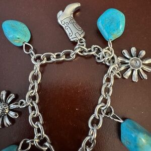 Turquoise Stone and Silver Daisy Charm Bracelet